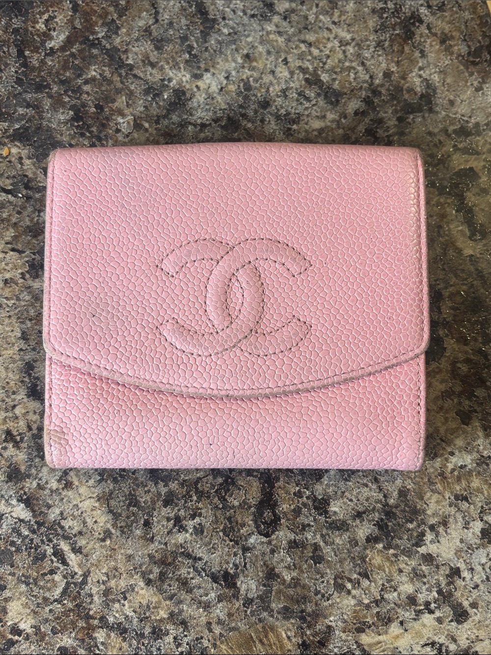 Authentic Chanel Pink Caviar Leather CC Logo Compact Wallet Card Holder